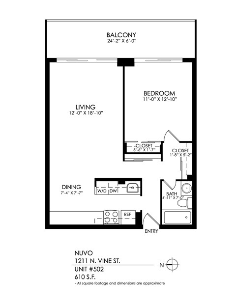 Floor plan for 1 bed, 1 bath, 620 sqft